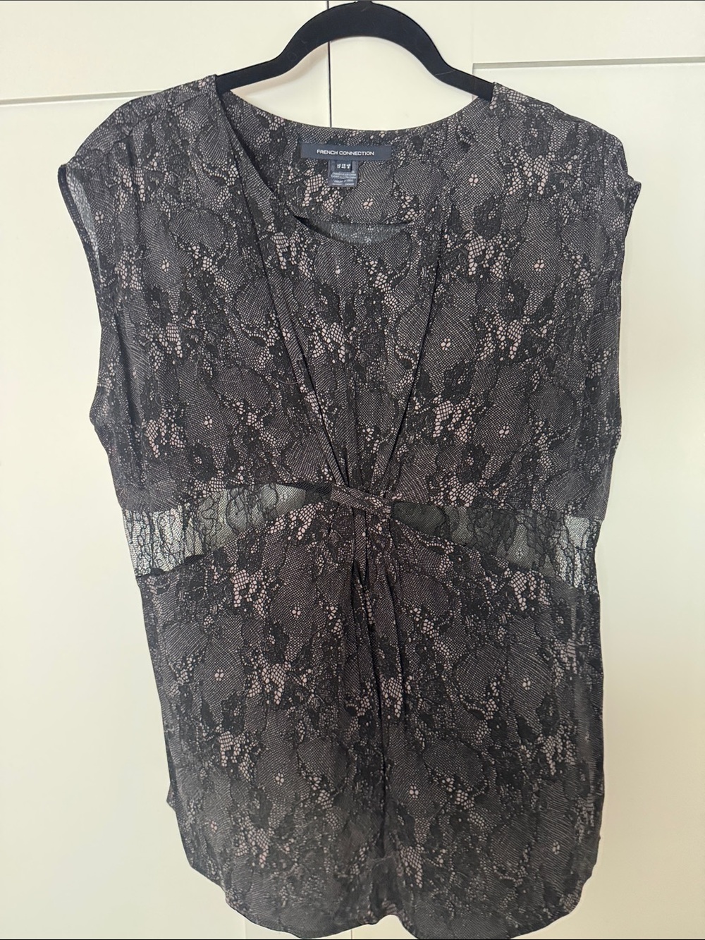 French Connection Black Lace-Overlay Knot Front Blouse